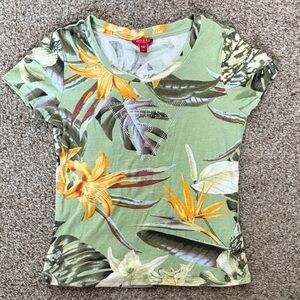 GUESS Light Green Tropical Floral Short Sleeve Tee with Rhinestone Logo